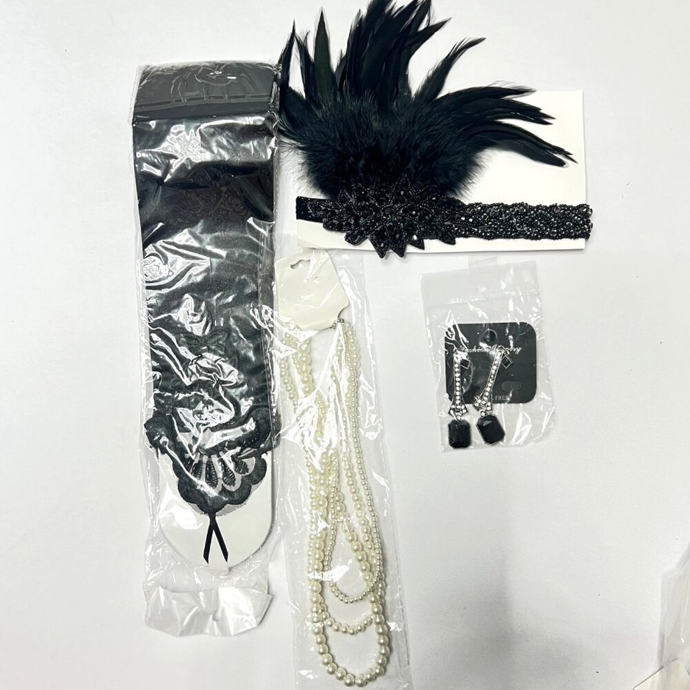 1920s Flapper Accessories Black Feathers Gatsby Costume Accessories Set #2523